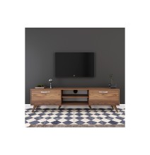 Mueble de TV en Nogal con 2 Cajones y Estantes - 180x35x48.5 cm con Patas de Madera.