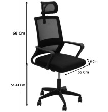 Silla de Oficina Giratoria,Ergonómica con Malla, Asiento 55 cm, Apoyabrazos en Color Negro