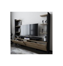 Mueble TV de Nogal y Negro, 183,6x31,5x140cm, con 2 Puertas Abatibles y Múltiples Estantes – Mueble de salón completo Moderno.